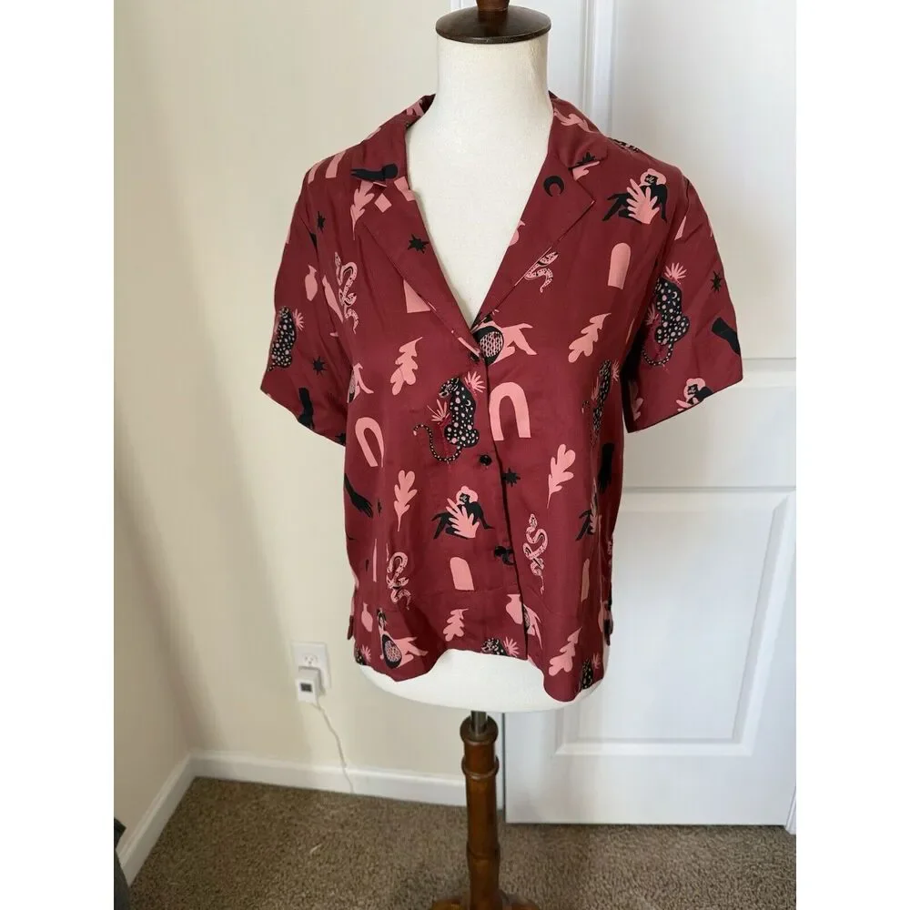 Mata Traders Modern Objects Cranberry Camp Tencel Shirt Size XS - Picture 2 of 8